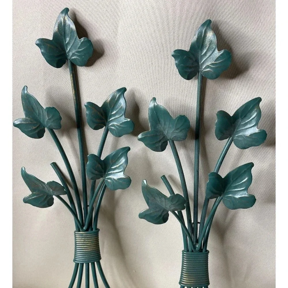 Home Interiors Pair Of Green Metallic Wall Sconce Single Candle Tapered Holder‎